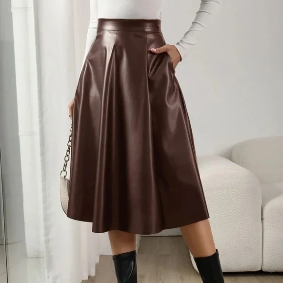 Classic Vegan Leather Pocket Midi Skirt - Picture 5 of 9